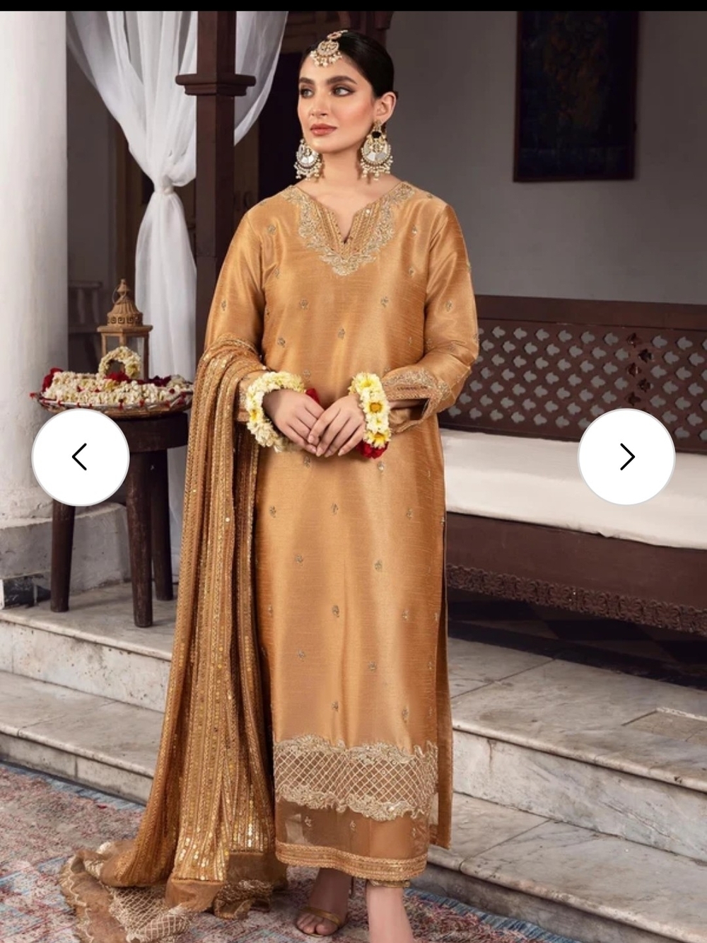 Pakistani Indian Gold Embroidered Salwar Kameez with Dupatta And Pants.